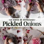 Four-step process of slicing red onions and placing them in a jar with liquid to make pickled onions; ingredients and utensils visible on the table.