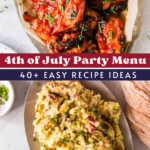 Plate of grilled barbecue chicken and a dish of potato salad, with text overlay reading "4th of July Party Menu, 40+ Easy Recipe Ideas, LenasKitchenBlog.com".