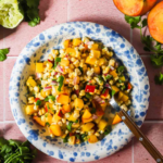 A bowl of corn and peach salad with chopped herbs, red onion, and peppers on a blue-speckled plate, with ingredients and salt arranged around it.