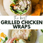 A grilled chicken wrap sliced in half, filled with lettuce and vegetables, served with potato chips on a plate. Text overlay reads "The Best Grilled Chicken Wraps.