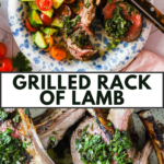 Plate with grilled rack of lamb topped with green herb sauce, served with cucumber and tomato salad; close-up of lamb below. Text reads “Grilled Rack of Lamb.”.