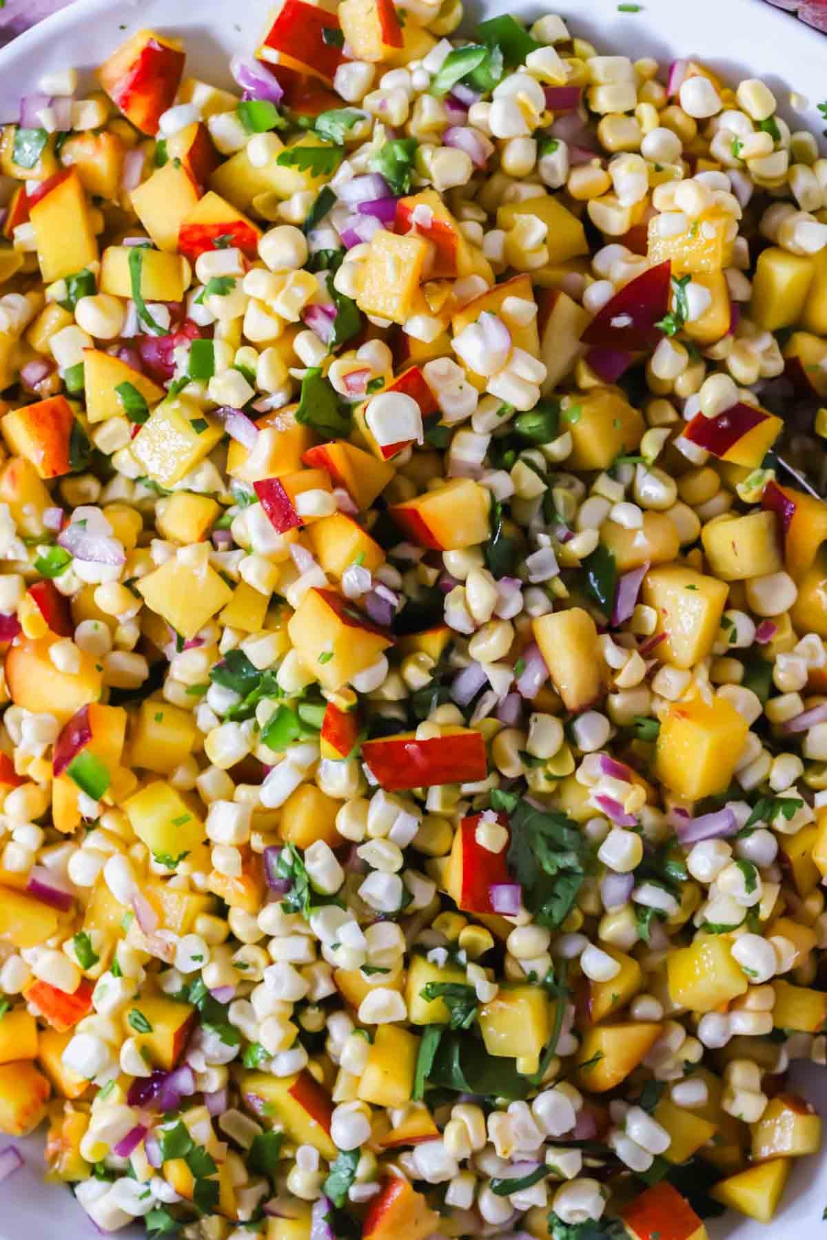 Close-up of a salad with diced peaches, corn kernels, red onion, cilantro, and jalape&ntilde;o on a white plate.