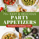Overhead view of four different party appetizers, including salsa, marinated olives, stuffed mushrooms, and green dip, with a text overlay promoting 70+ easy and delicious party appetizers.