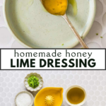 A spoon with honey on a plate, and ingredients for honey lime dressing including lime, honey, oil, salt, and chopped herbs on a white surface. Text reads “homemade honey lime dressing.”.