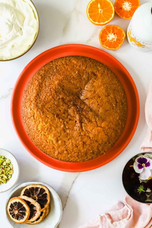 A round orange cake on a red plate surrounded by whipped cream, sliced tangerines, dried citrus, pistachios, and edible flowers on a white surface.