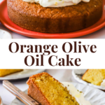 A round orange olive oil cake topped with whipped cream, sliced dried oranges, pistachios, and edible flowers. One slice is served on a plate with a fork.