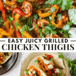 Close-up of grilled chicken thighs with bell peppers and herbs, plus a hand holding a taco filled with the grilled chicken mixture on a beige plate.