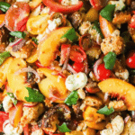 A close-up of panzanella salad with bread, tomatoes, peaches, mozzarella, red onions, and basil on a black plate.