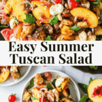 Colorful Tuscan salad with tomatoes, peaches, croutons, mozzarella, red onions, and basil on a plate, shown from above with ingredients and utensils nearby.
