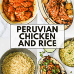 Four images show marinated chicken, grilled chicken, cooked rice, and a final dish of Peruvian chicken and rice garnished with cilantro, with text “PERUVIAN CHICKEN AND RICE.”.