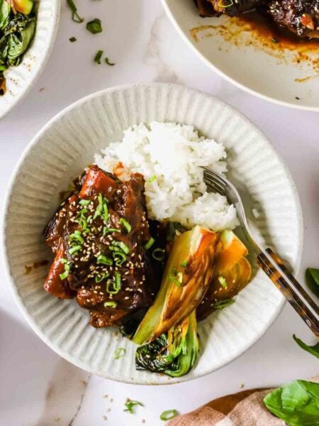 A bowl of white rice with braised beef, bok choy, and chopped green onions, served with a fork.