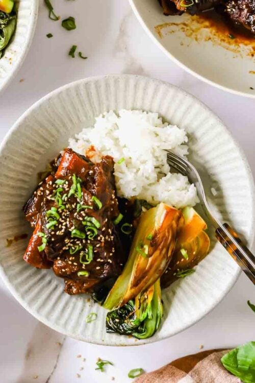 A bowl of white rice with braised beef, bok choy, and chopped green onions, served with a fork.
