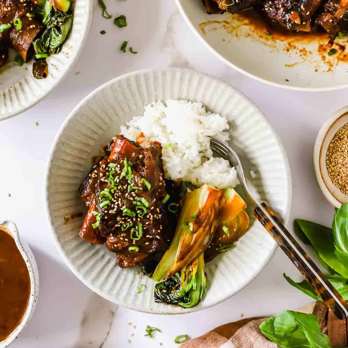 A bowl of white rice with braised beef, bok choy, and chopped green onions, served with a fork.