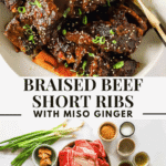 A plate of braised beef short ribs garnished with sesame seeds and green onions, with ingredients for the dish including beef, broth, and seasonings displayed below.